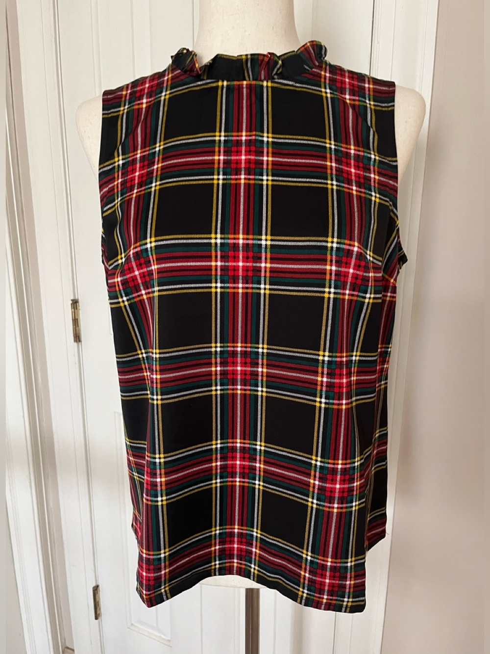 J. Crew Black Plaid Sleeveless Ruffle-Neck Top
